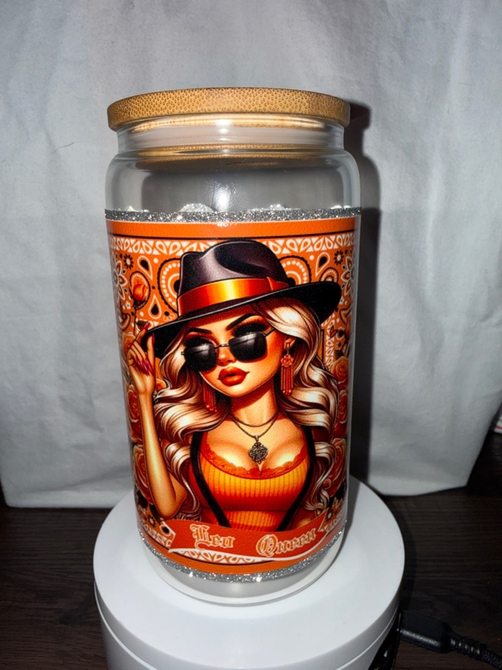 16 oz Glass Cup | Leo Queen Zodiac Design | Heart & Rose Aesthetic